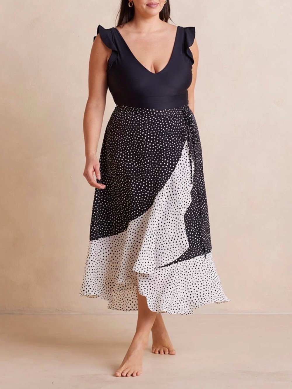 SummerSalt Polka Dot Full Wrap Skirt Black White Beach to Brunch Cover-up 1XL